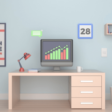 Schreibtisch mit PC, der eine steigende Grafik anzeigt